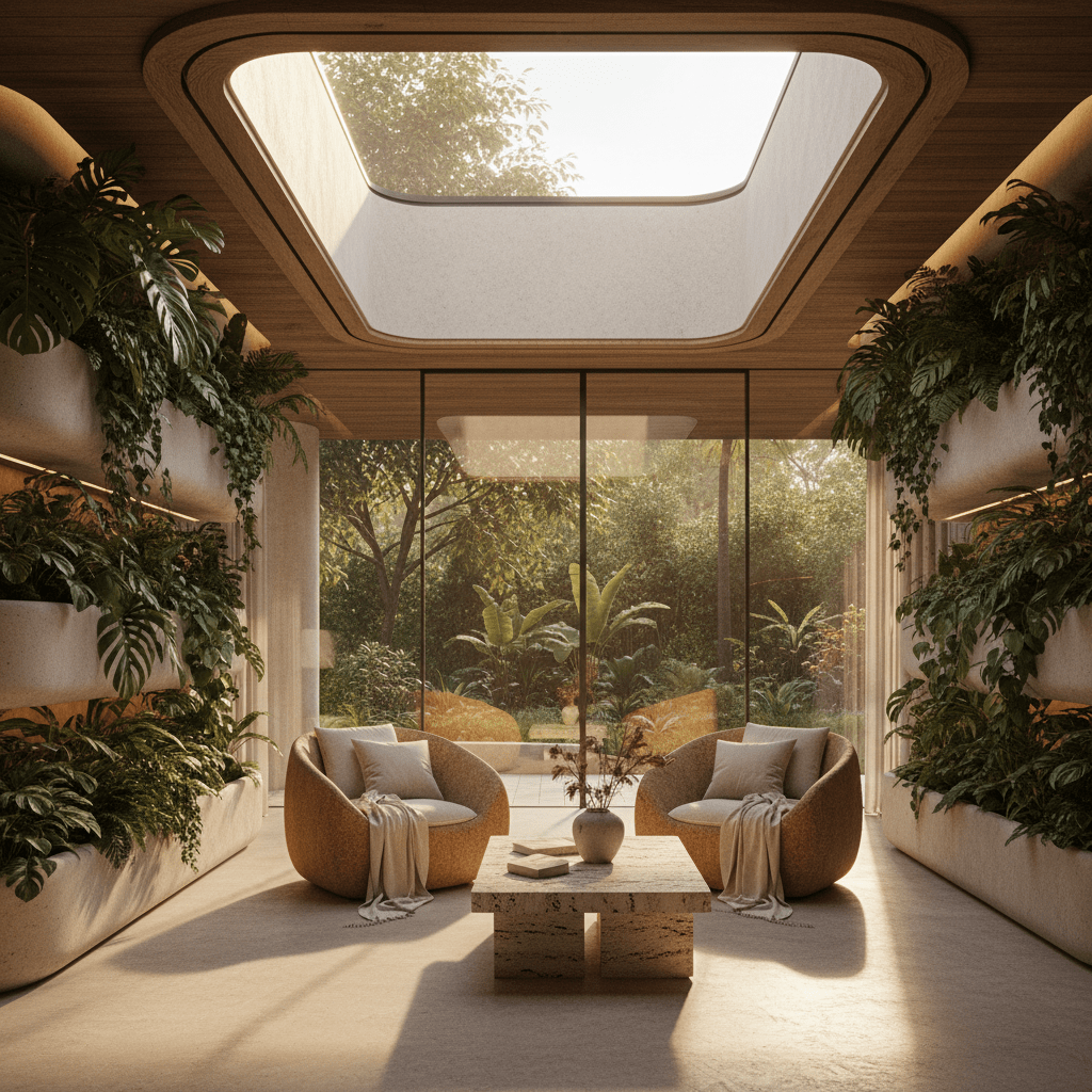 Futuristic living room with biophilic design, tropical plants, and natural materials.