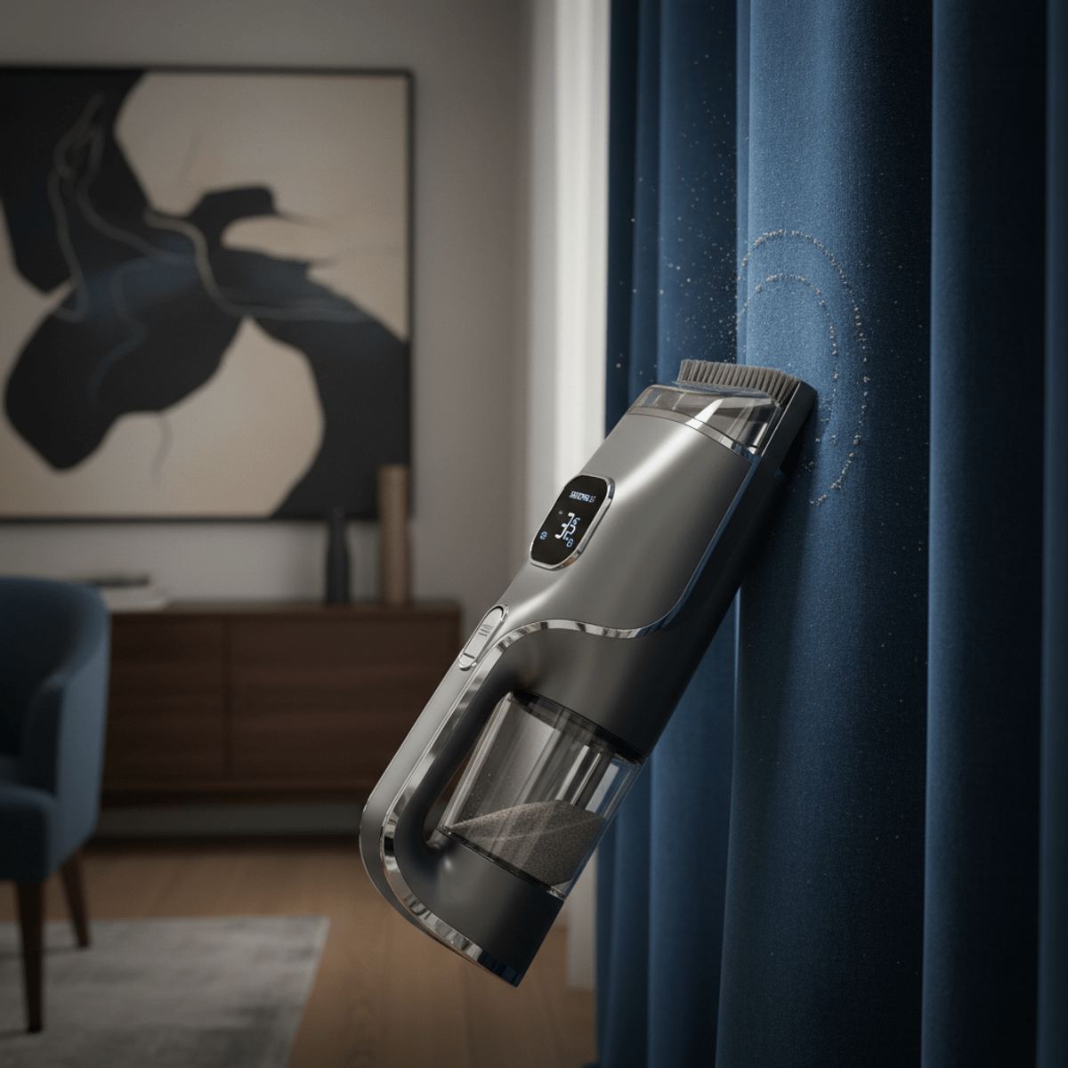 Handheld cleaner on plush velvet drapes Handheld cleaner with bristles gently cleaning plush velvet drapes in a modern apartment.