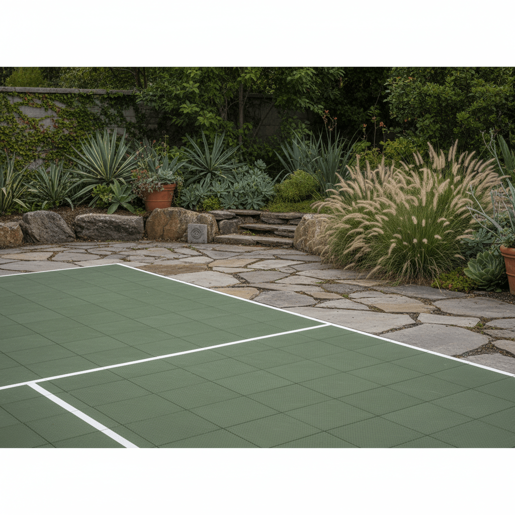 Muted olive green pickleball court beside a rustic stone patio and lush garden.