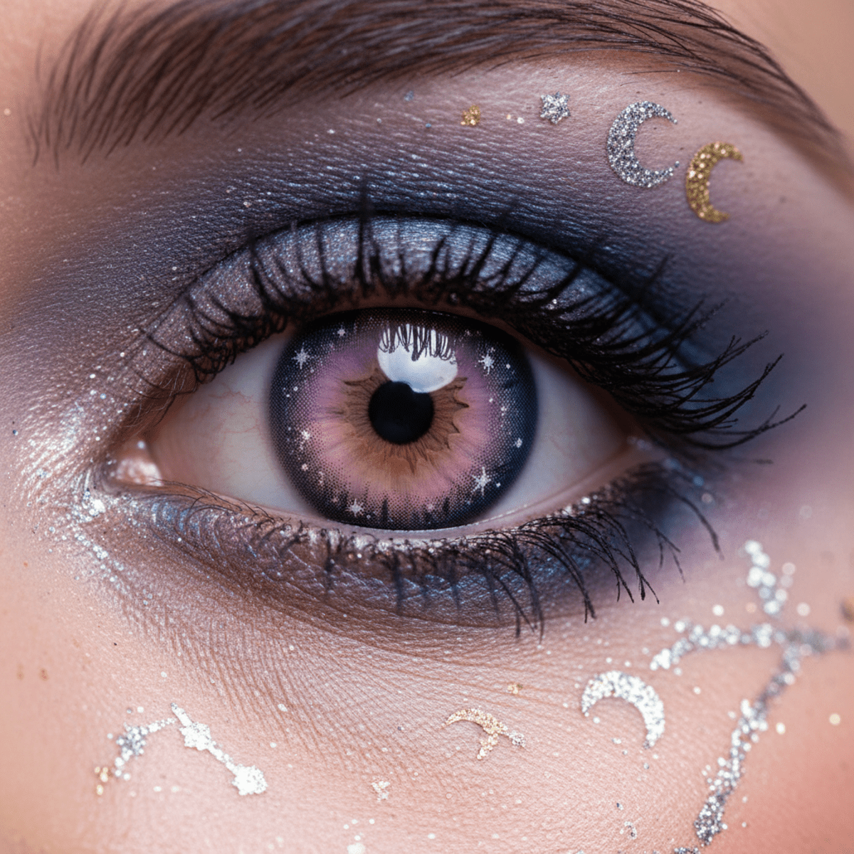 Close-up of eye with galaxy gradient contacts and astrological makeup.