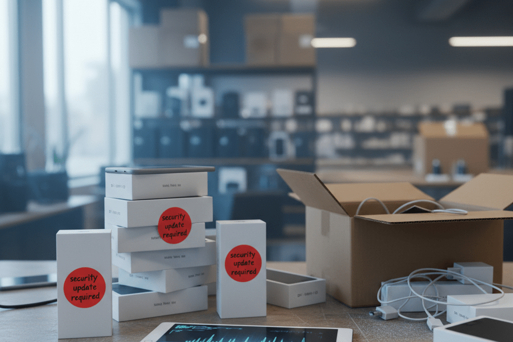 Retailers sorting mobile devices amid critical security vulnerability crisis Generic smartphones on retail desk with security warning stickers and scanning tablet under natural light