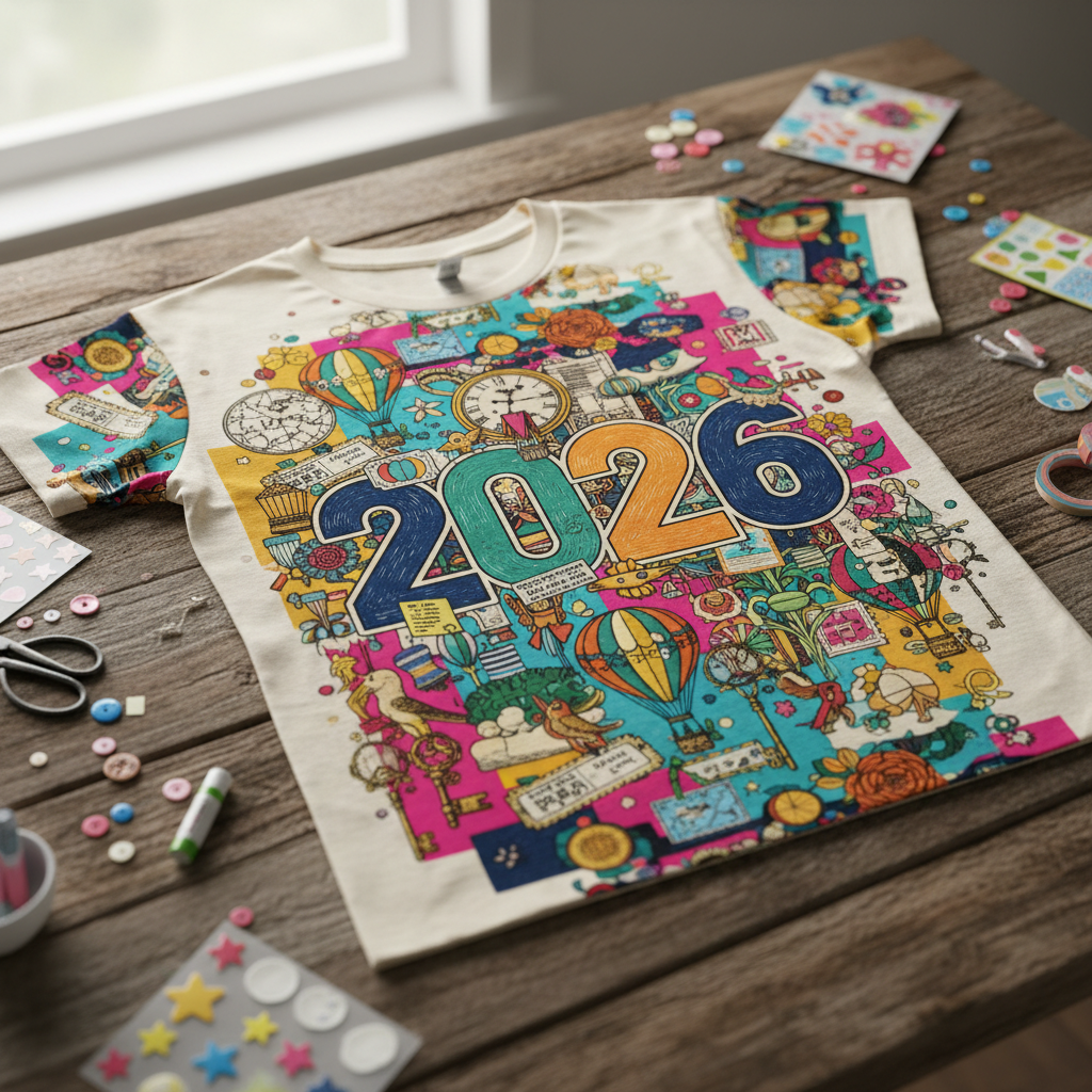 Maximalist scrapbook t-shirt flat lay with vintage illustrations and bold typography.