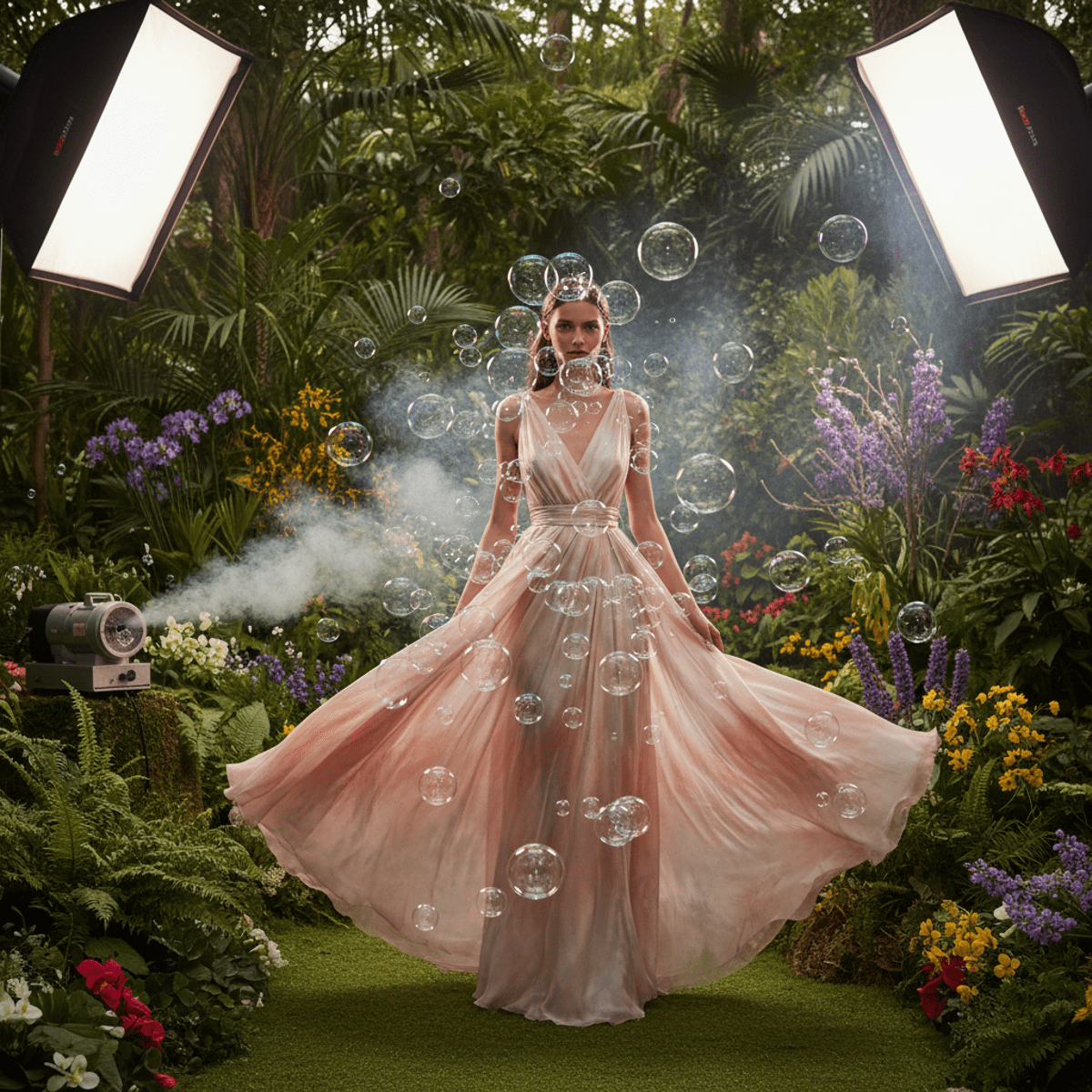 Model in silk gown with iridescent bubbles in botanical garden, soft diffused daylight.