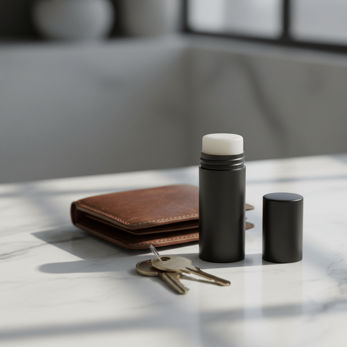 Solid cologne stick, leather wallet, and vintage keys on marble countertop.