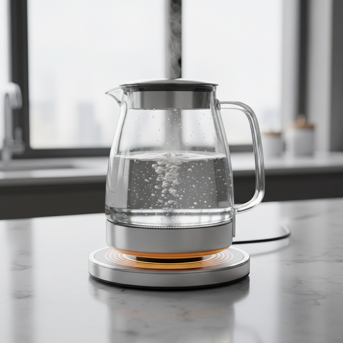 Futuristic glass kettle with glowing LED base on a modern kitchen countertop.