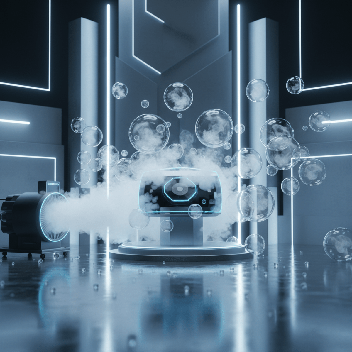 Futuristic stage with tech gadget emerging from ethereal mist-filled bubbles.