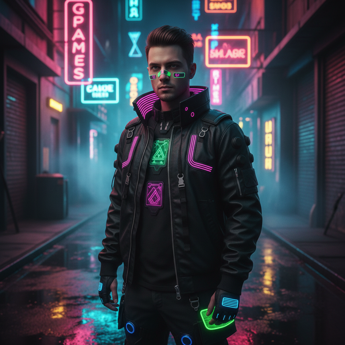 Cyberpunk gamer in neon alley with glitch art bandaid and techwear.