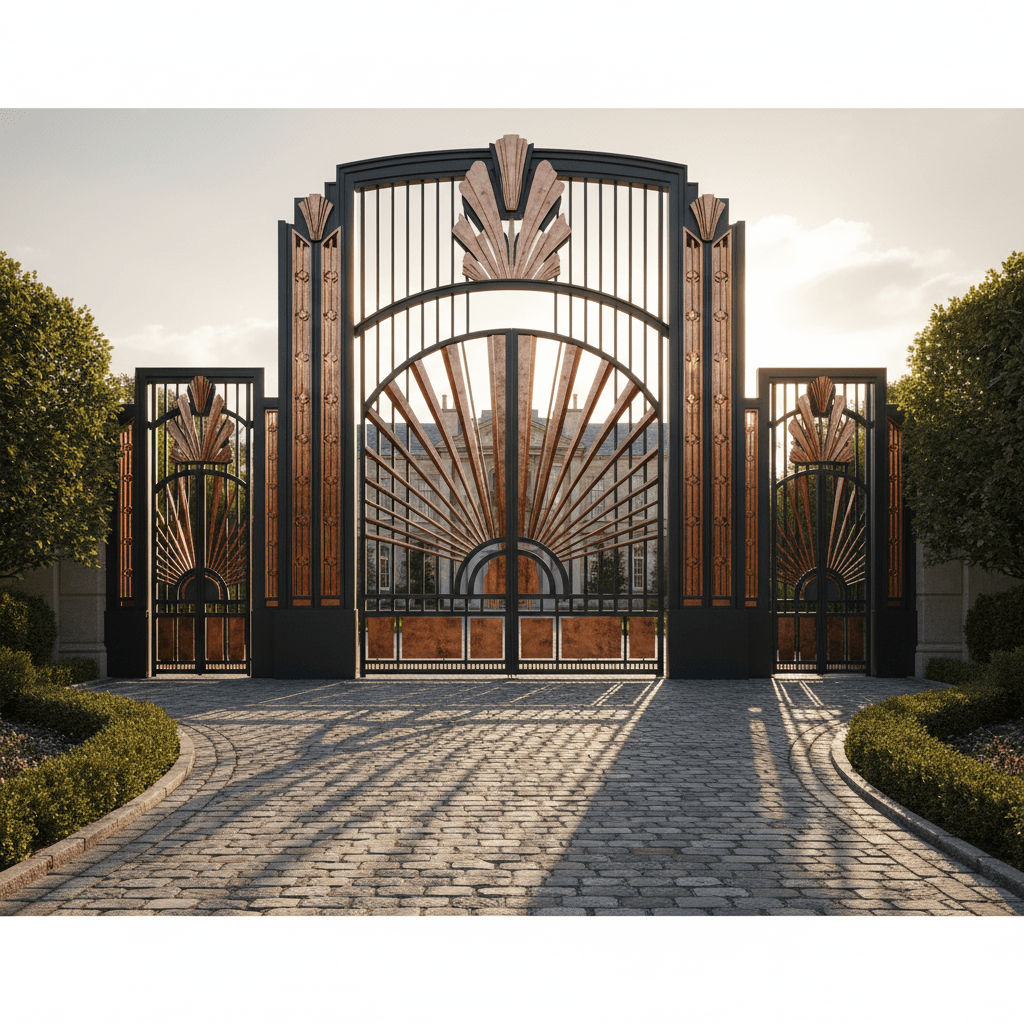 Luxurious Art Deco gate with fan panels and floral motifs on a stone driveway.