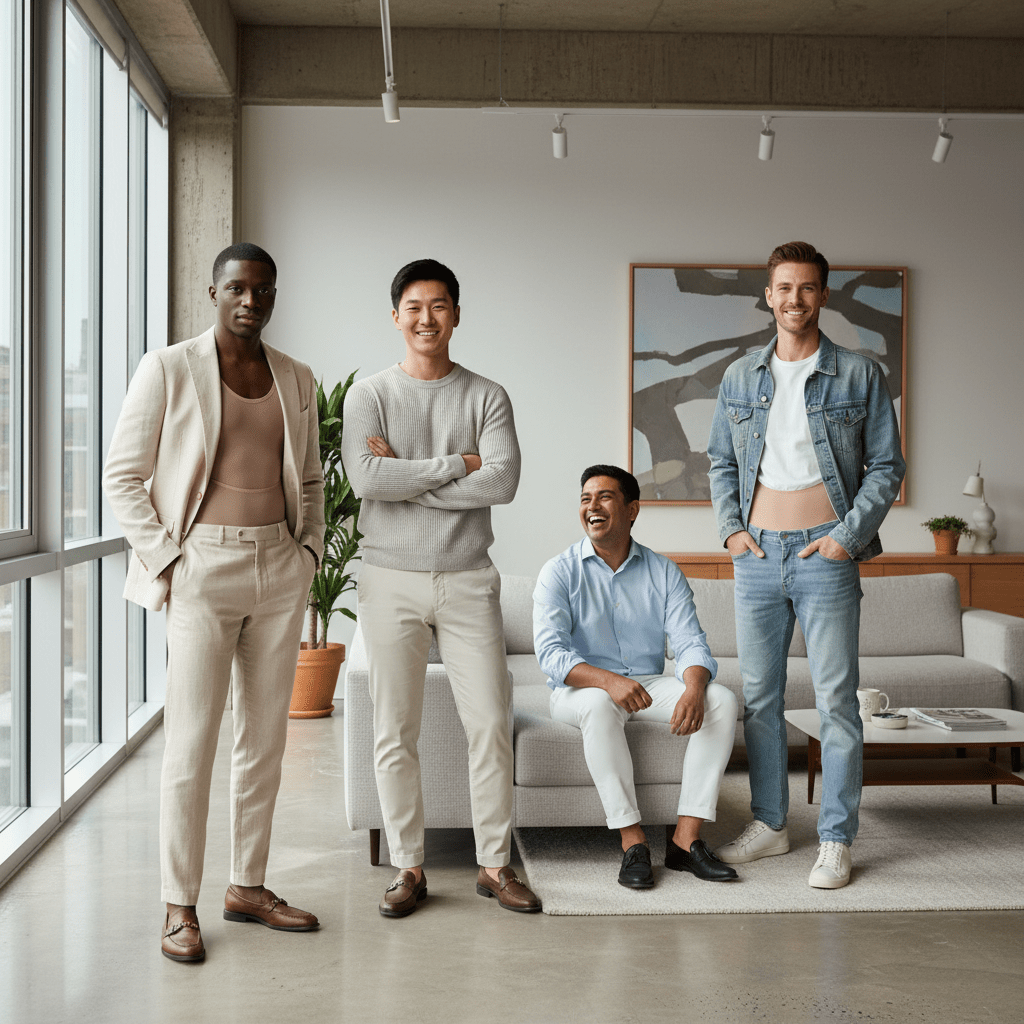 Men of diverse ethnicities wear nude body shapers blending seamlessly with skin tones.