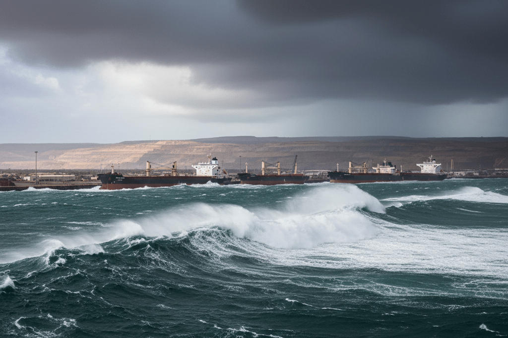 Stormy seas near Port Hedland's industrial docks highlight vulnerability to tropical cyclones disrupting global supply chains