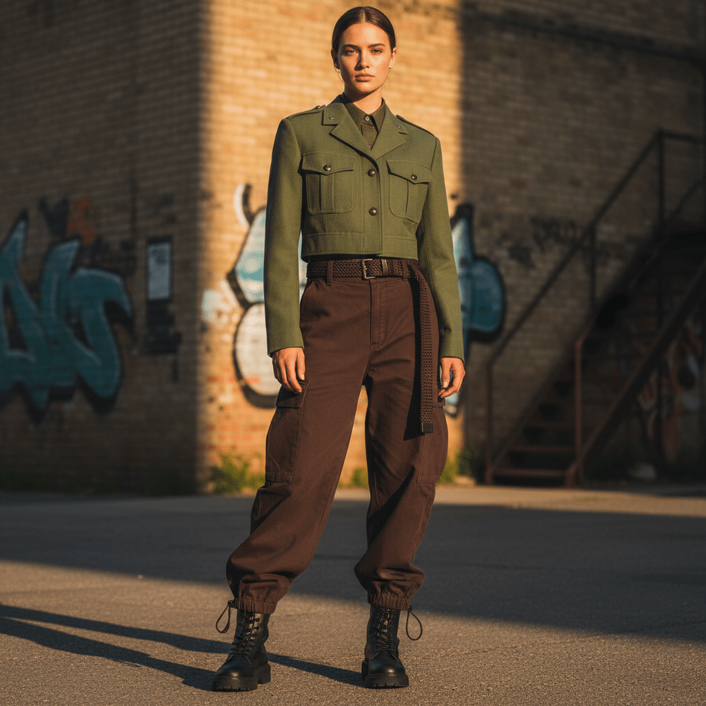 Unisex combat uniform jacket and cargo pants in muted green and brown.