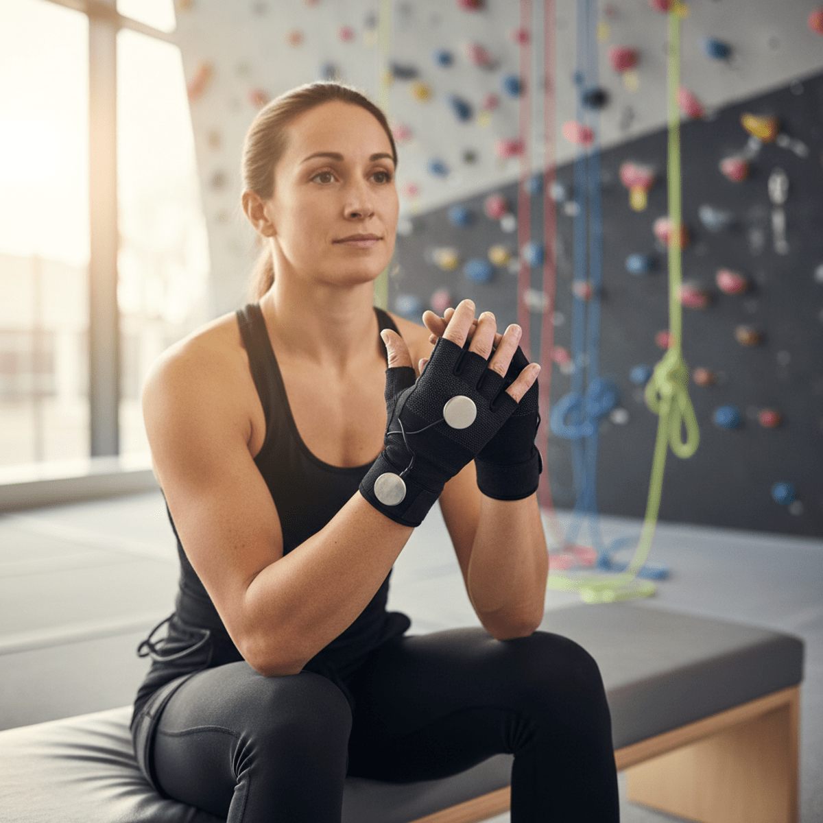 Athlete stretching fingers and forearms post-climb with microcurrent training gloves.