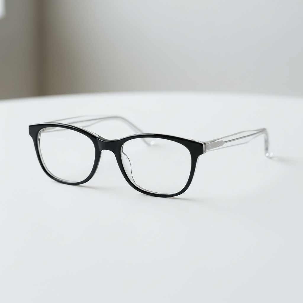 Trendy dual-tone eyeglasses with black front and clear temples on a white background.