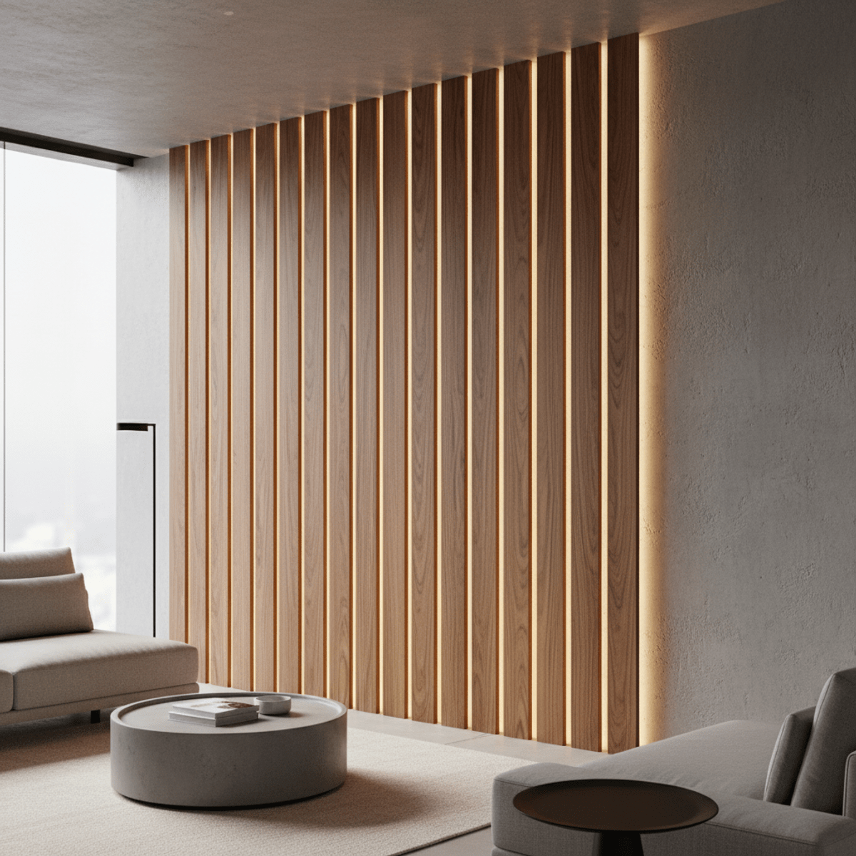 Futuristic wood paneling with ambient LED glow Modern wood paneling with integrated LED lights against a matte concrete wall.