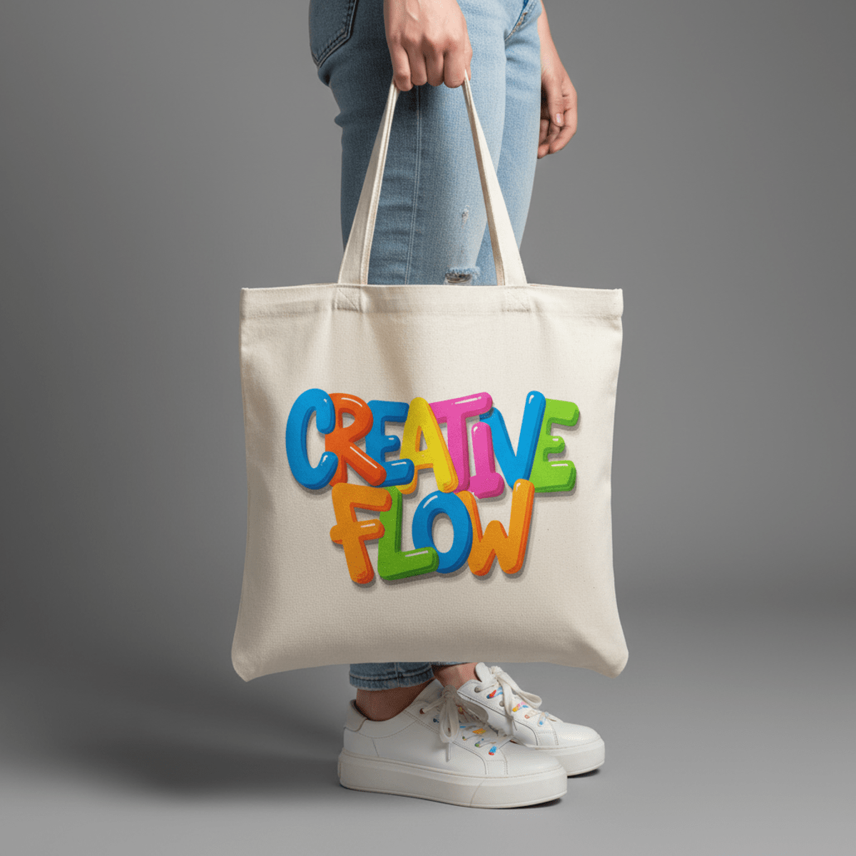 Hand holds white canvas tote with vibrant 3D puff printed artistic text.