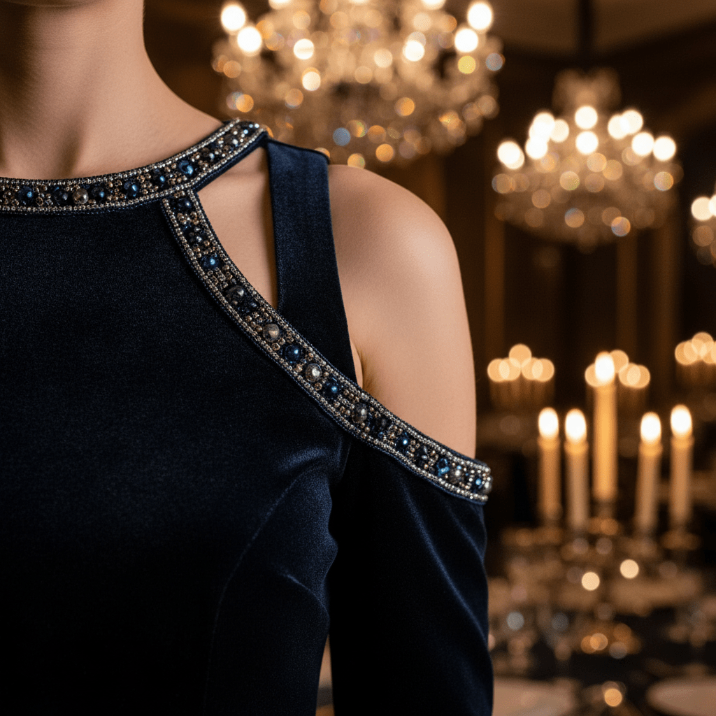 Sophisticated navy velvet evening dress with beaded shoulder cut-out.