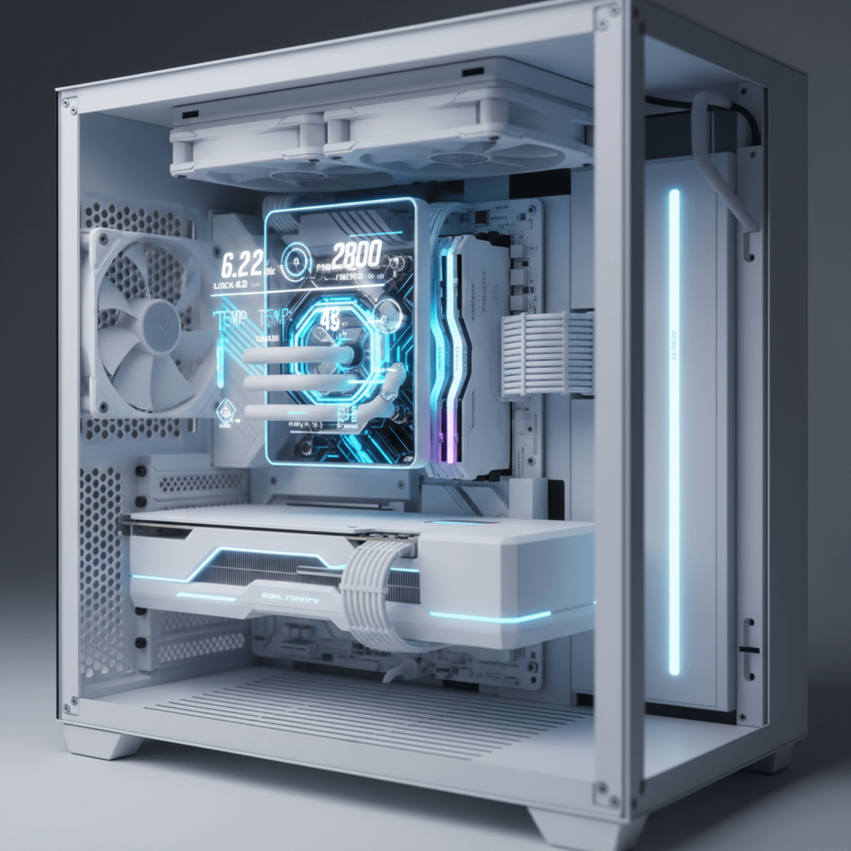 Futuristic PC cooler with transparent OLED displaying holographic stats and coolant.