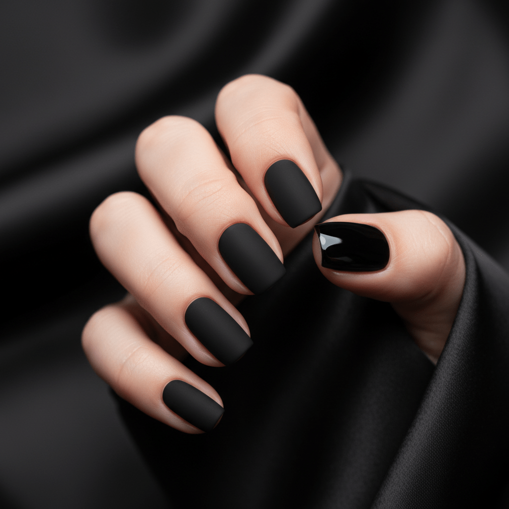 Hand with matte and glossy black nails on dark satin fabric.