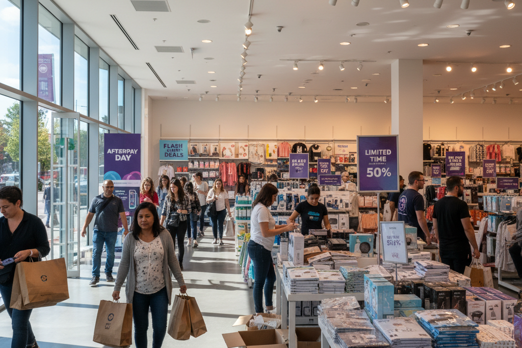 Bustling retail store filled with shoppers and stocked shelves under natural light, symbolizing high consumer engagement during flash sales