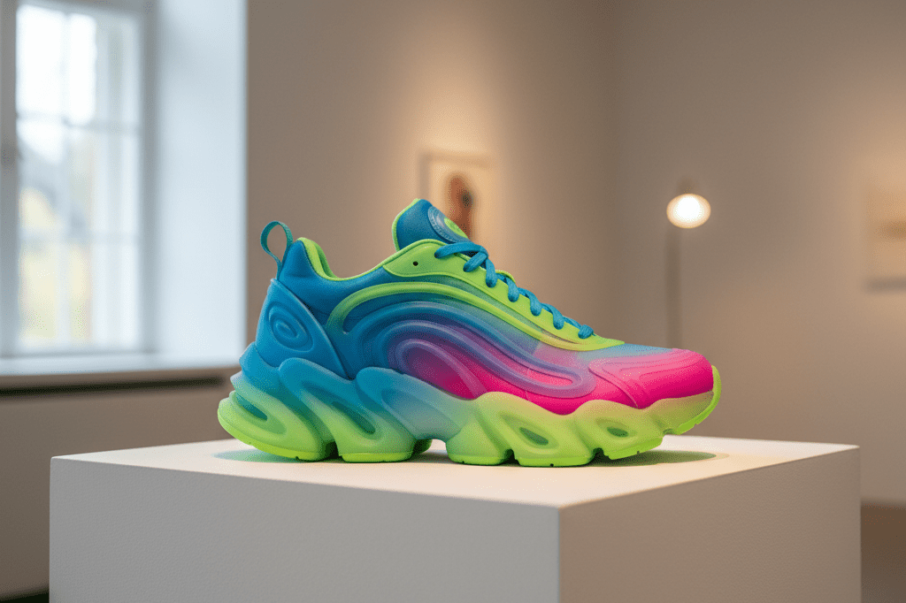Close-up of a reversible neon sneaker on a pedestal, highlighting design details under soft ambient lighting