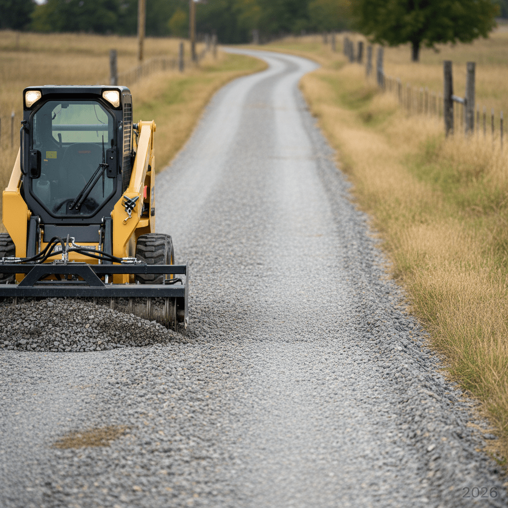 Skid steer power rake smoothing a rural gravel driveway, creating a crowned surface.