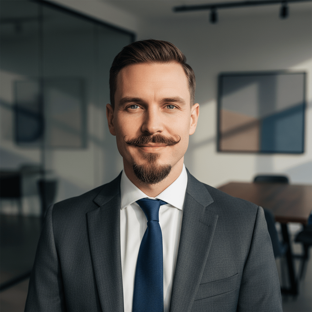 Man with precisely shaped goatee, soul patch, and mustache in a corporate office.