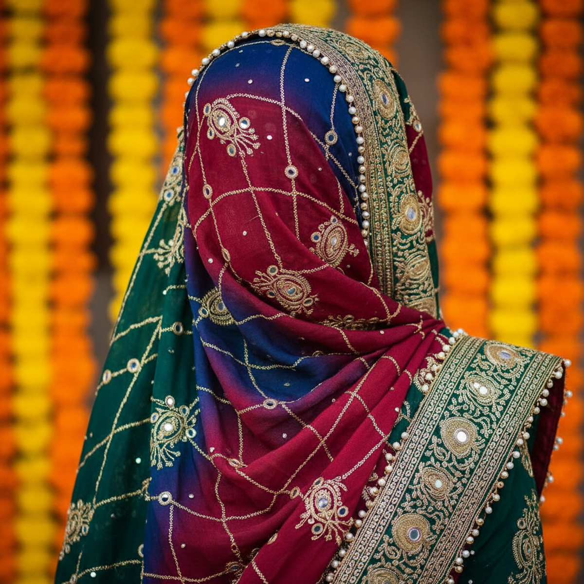 Elegant South Asian hijab adorned with gold embroidery and marigolds. South Asian dupatta-style hijab with gold embroidery and mirror work, draped with marigold garlands.