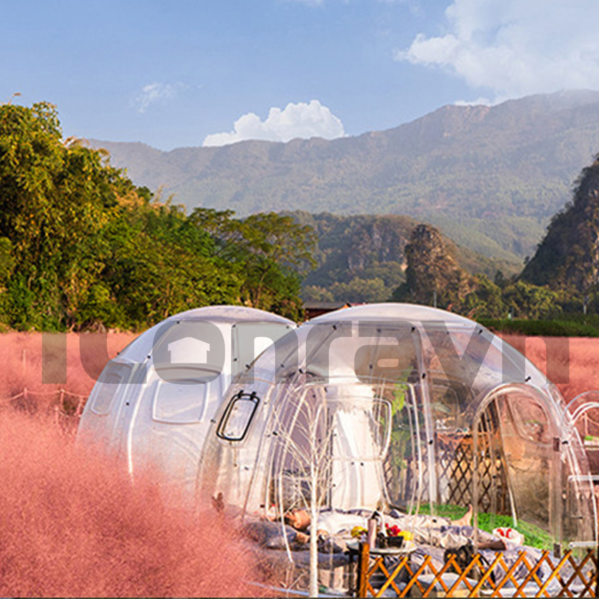 2020 时尚圆顶明星视图玻璃小屋平板包流行户外 pc 玻璃荚模块化透明