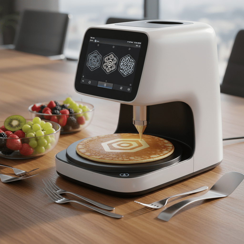 High-end pancake machine printing a company logo on a golden pancake.