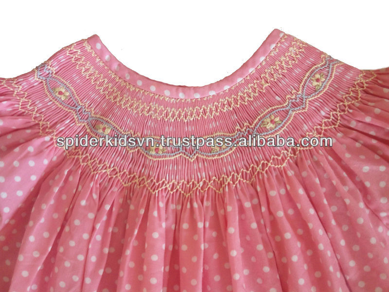 Infant/Toddler Girl Pink Micro Check Smocked White Polka Dot Bishop Dress