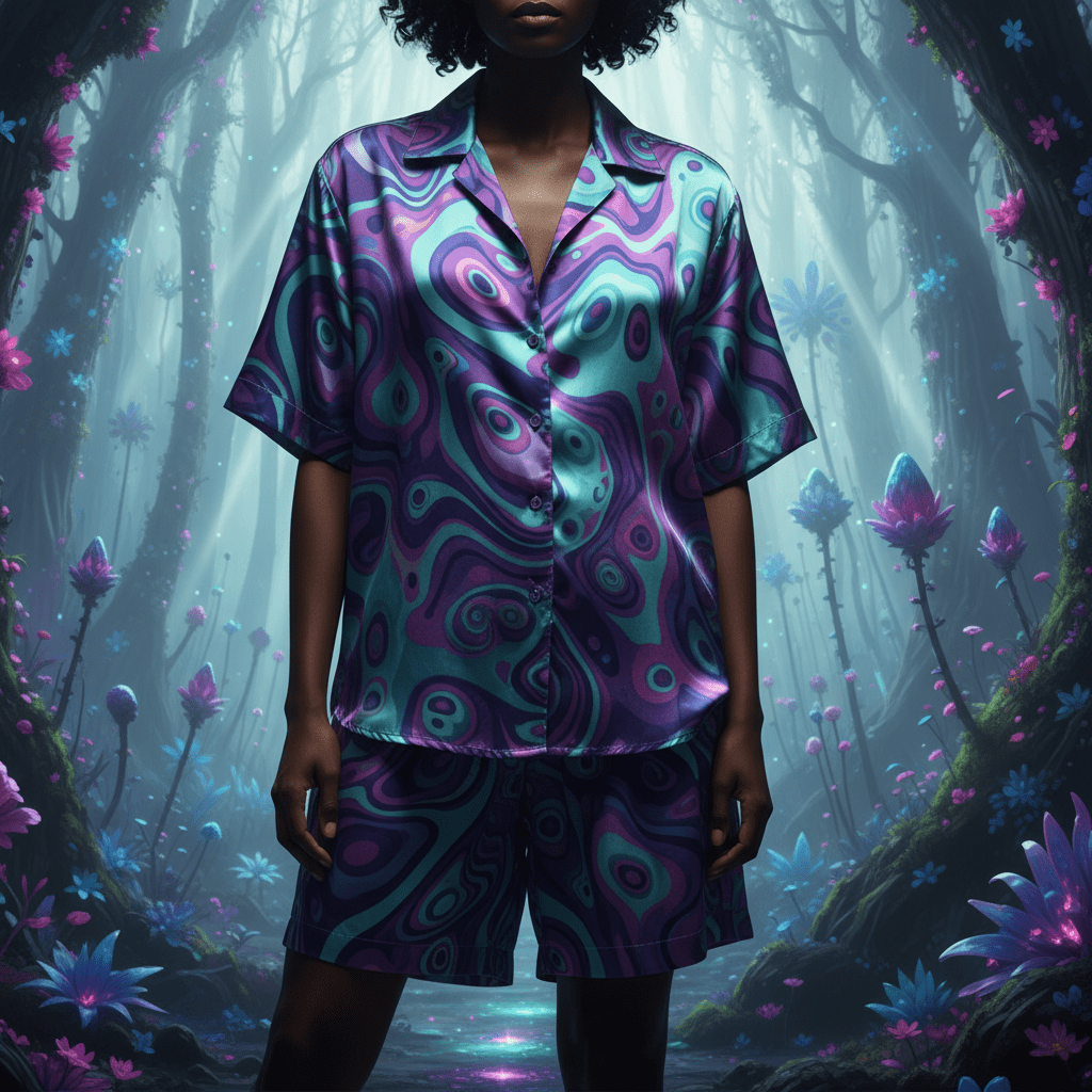 Maximalist AI-print silk co-ord set with hypnotic organic-digital hybrids.