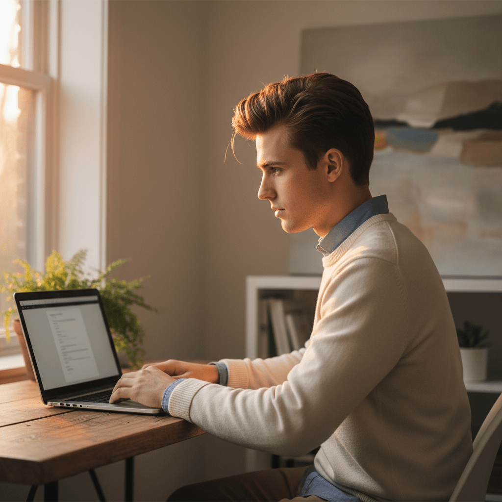 Young man with modern Ivy League hairstyle in a home workspace bathed in golden hour light.
