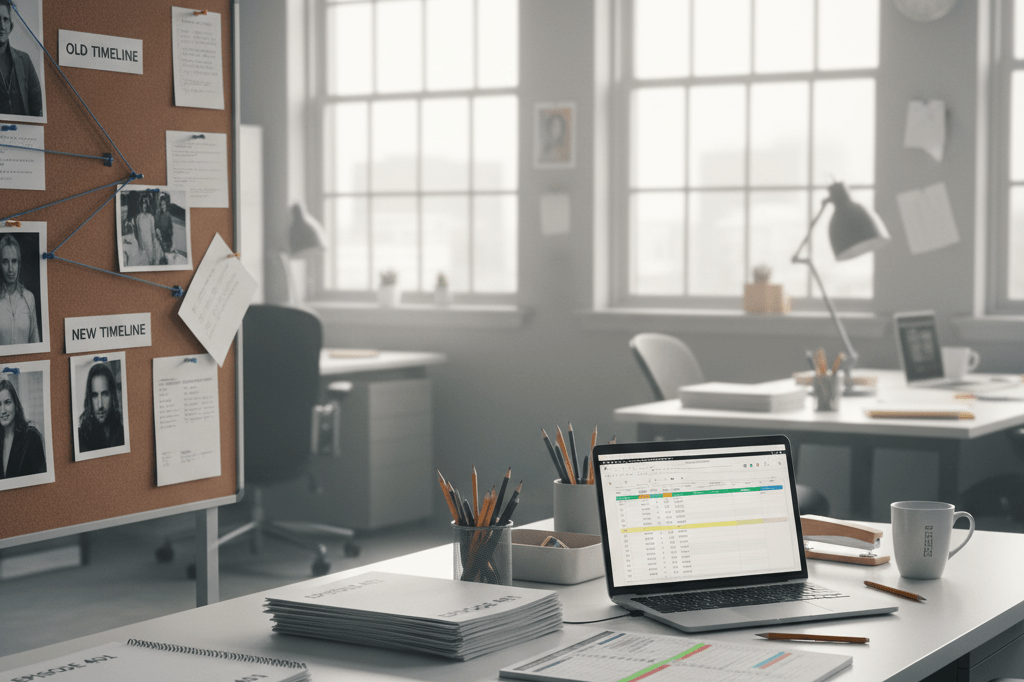 Wide shot of a production desk with scripts, schedules, and corkboard under natural light, symbolizing careful planning amid cast changes
