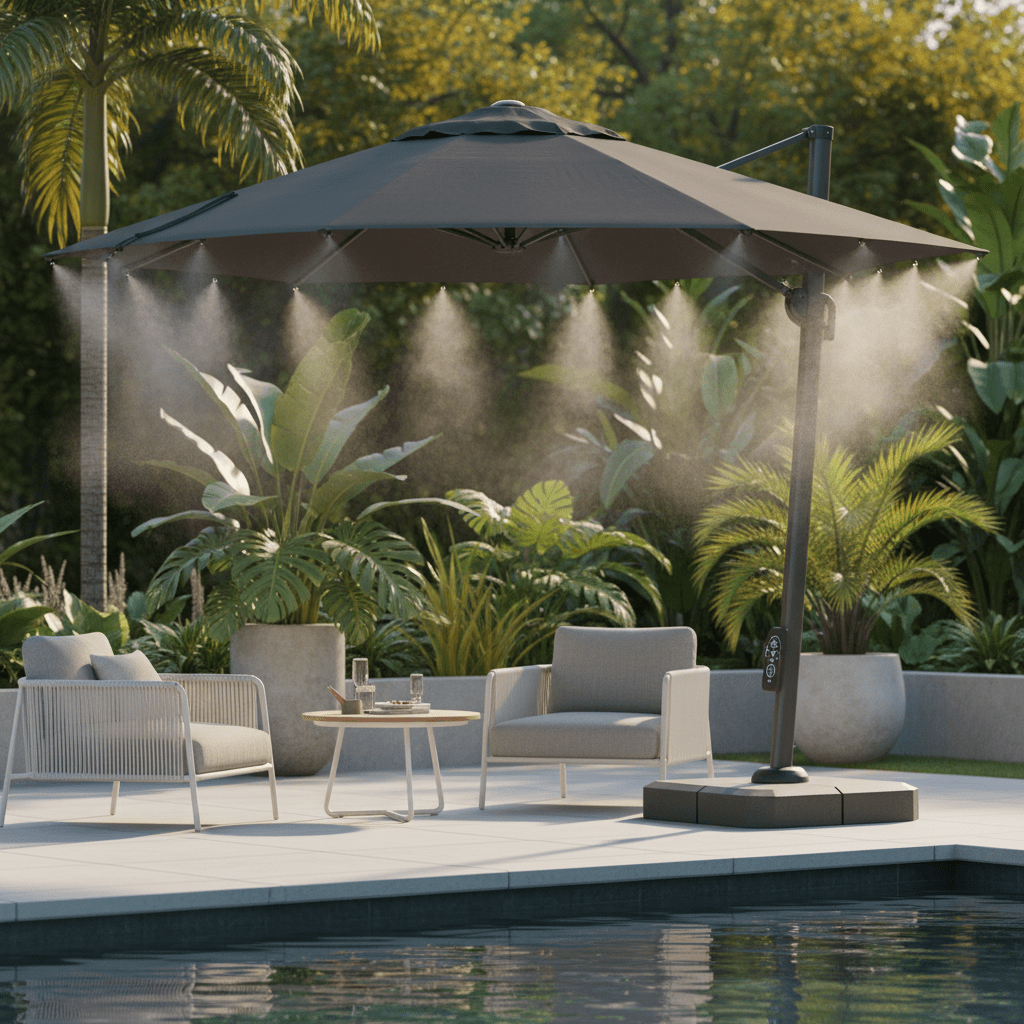 Luxurious cantilever umbrella with misting nozzles over a modern poolside lounge.