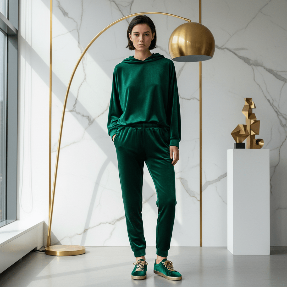 Model in luxurious emerald green velvet tracksuit in modern minimalist interior.