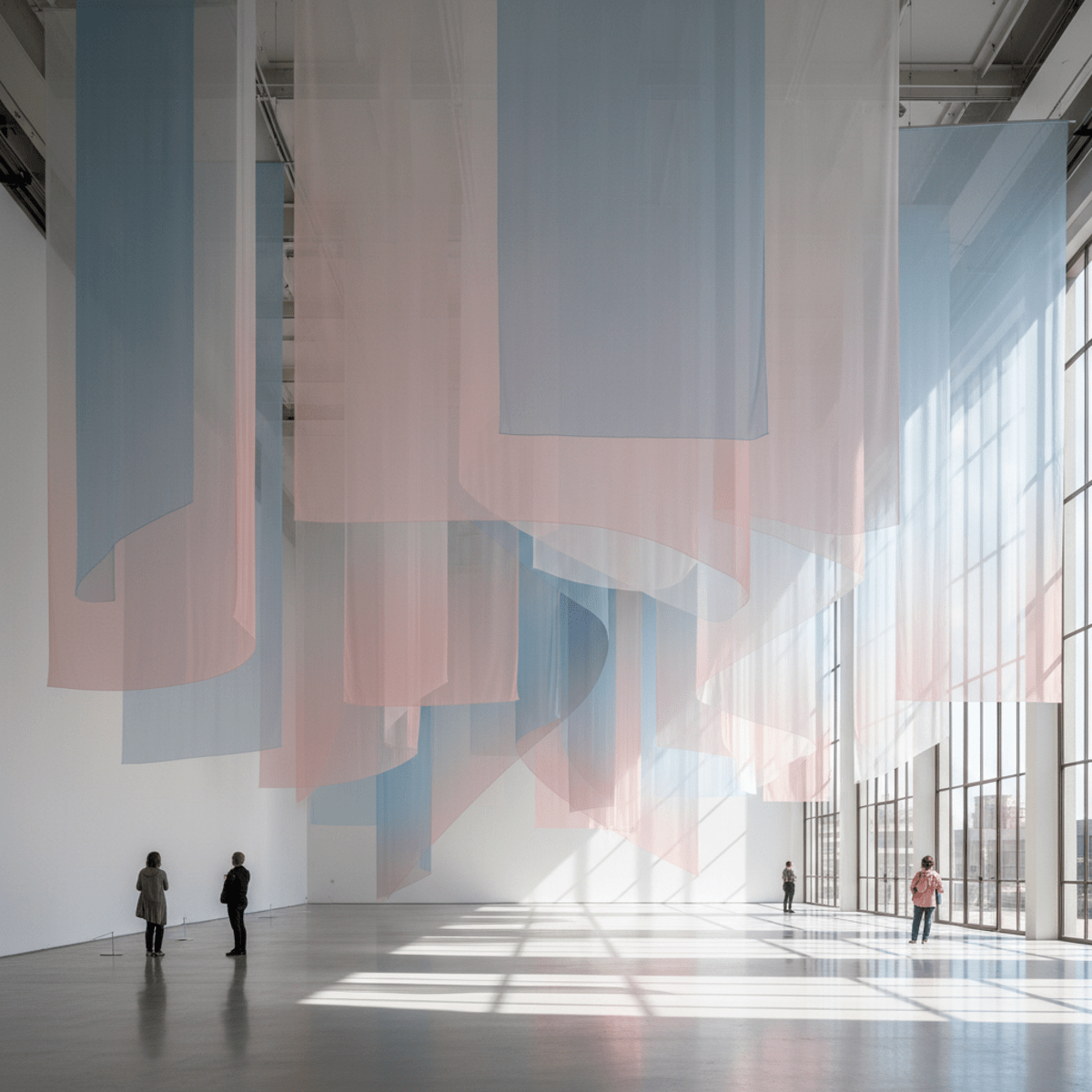 Abstract art installation with sheer panels in a gallery with natural light.