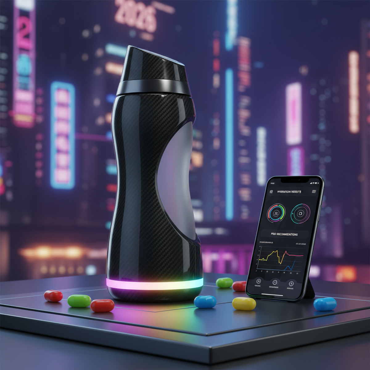 Sleek water bottle with flavor pods, carbon fiber, and frosted glass, glowing LED.