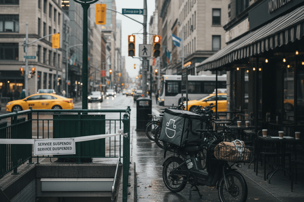 Medium shot of a Montreal street with inactive metro entrance and delivery scooters paused near a café during transit disruption