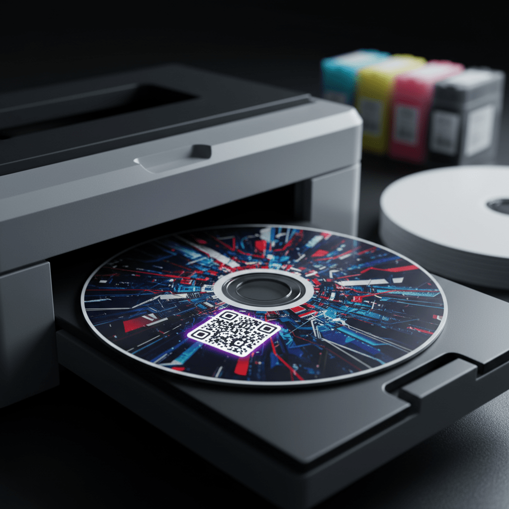 Close-up of a printed CD with digital art and QR code on a printer.