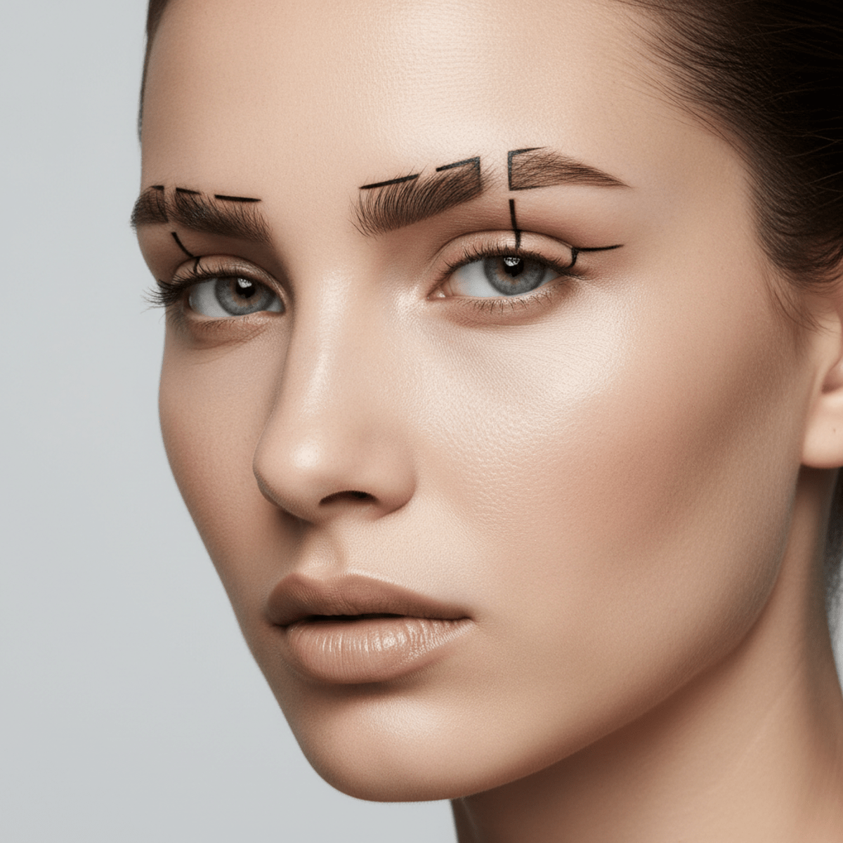 Model with precisely shaped eyebrows featuring geometric gaps and negative space.