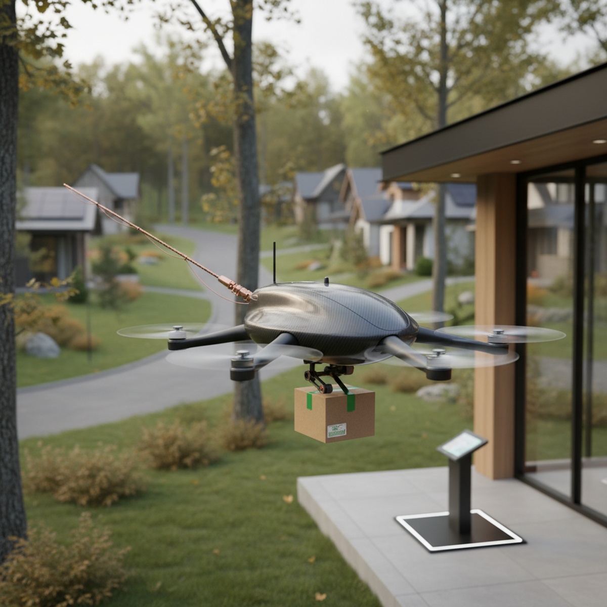 Sleek autonomous delivery drone hovers above a suburban neighborhood, carrying a package.
