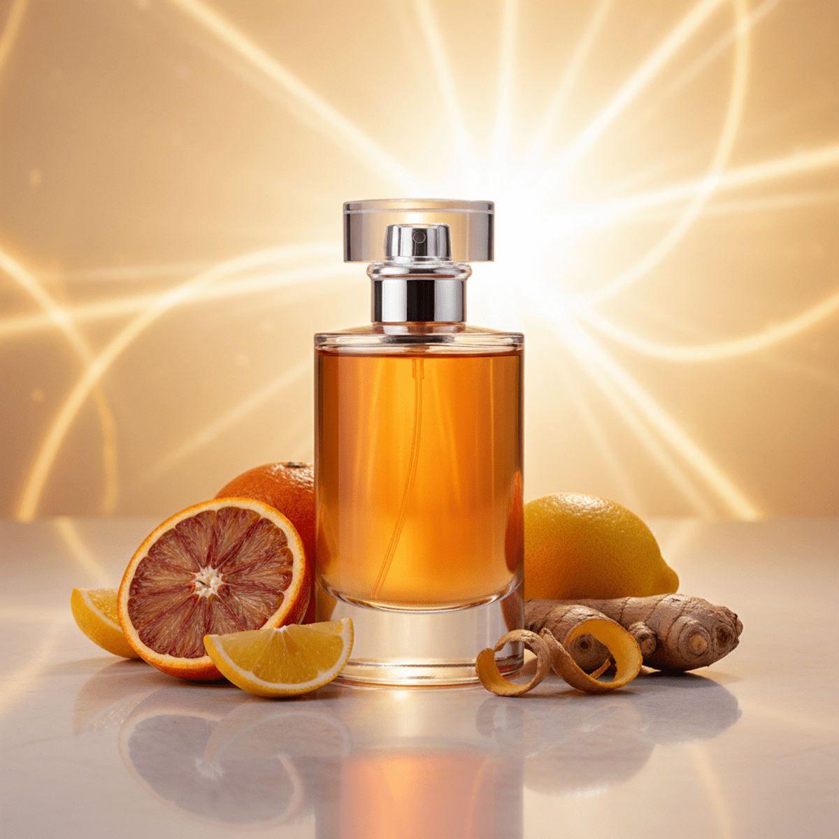 Minimalist cologne bottle with amber liquid, citrus, and ginger, bathed in sunlight.