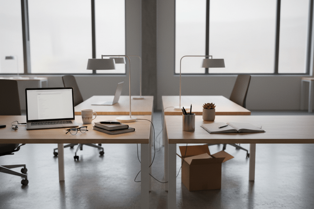 Two desks in a workspace, one fully set up and the other partially cleared, lit by natural and ambient light, symbolizing business transitions
