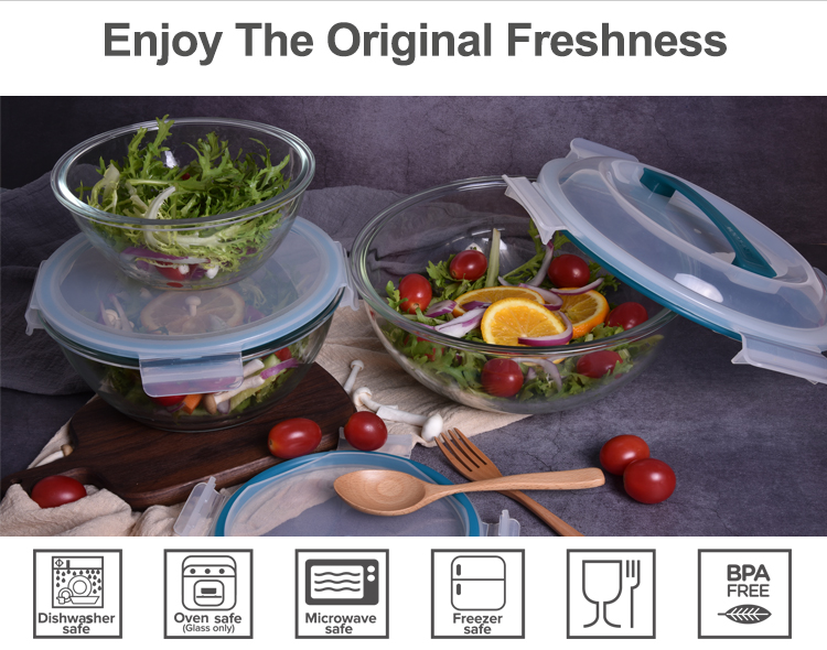 Nestable glass salad mixing bowl microwave oven safe 5pcs set with handle lid glass food storage container bowl