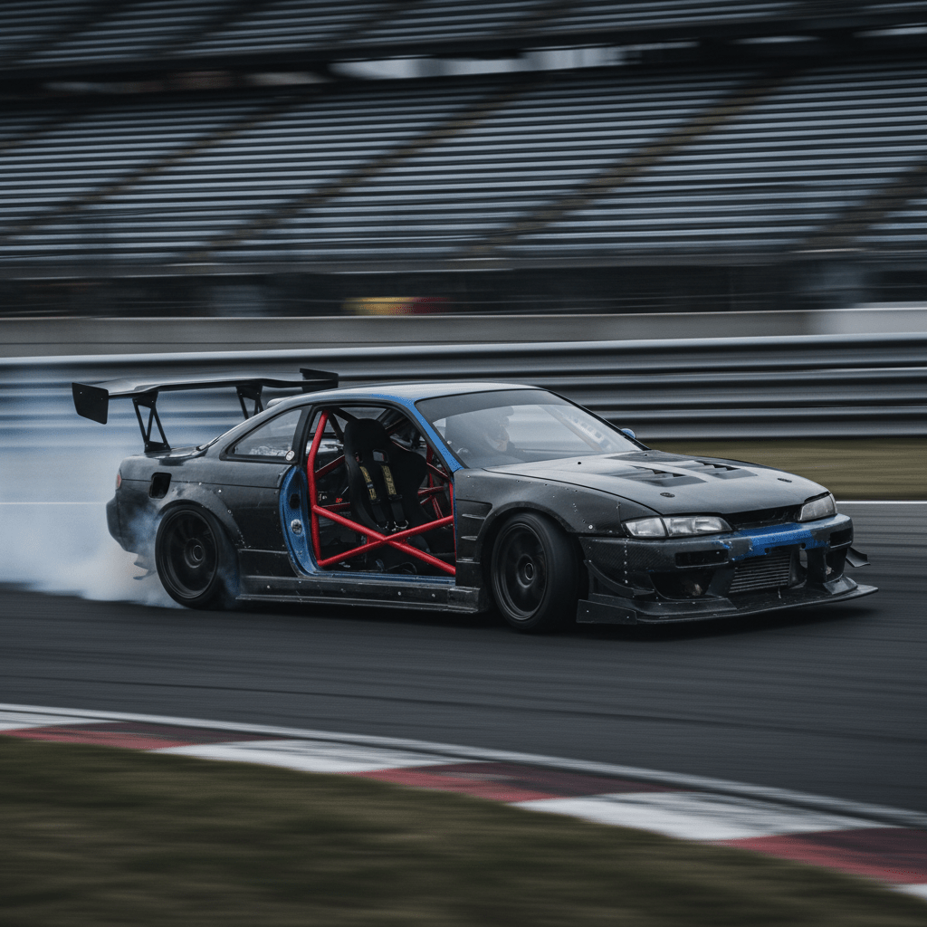 90s car transformed into a 2026 track weapon, mid-corner with tire smoke.