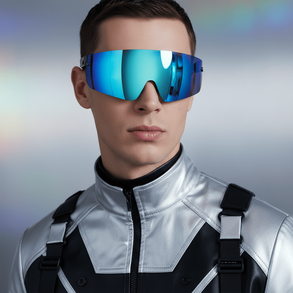 Man in futuristic shield sunglasses with electric blue mirrored lens.