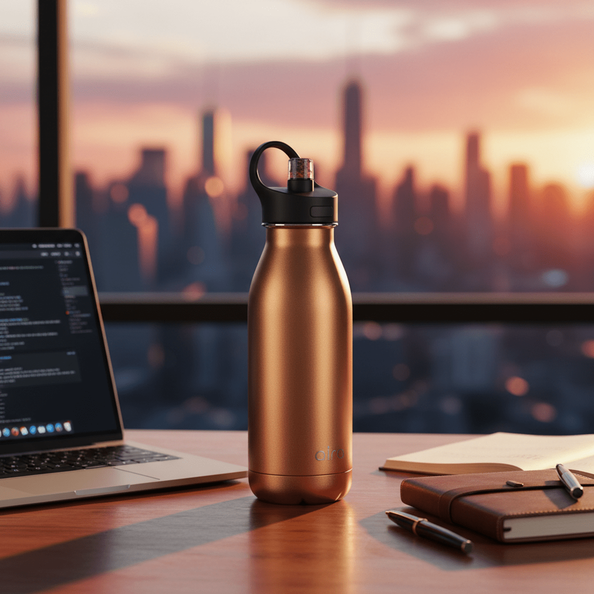 Double-walled copper water bottle on a desk with a city sunset backdrop.