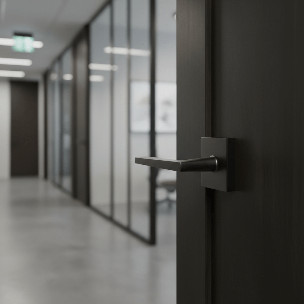 Sleek black lever door knob on a dark wooden flush panel door in an office.