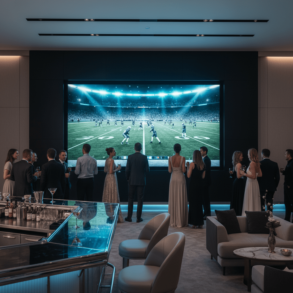 Modern entertainment lounge with a large TV showing a stadium replay.