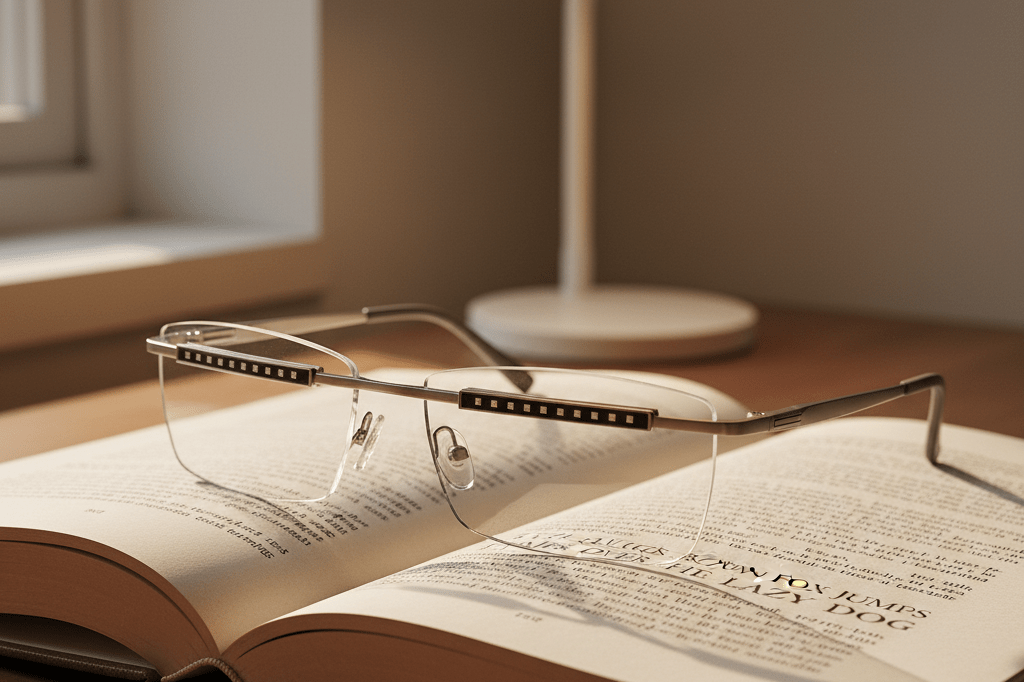 Modern eyeglasses resting on an open book with large print, lit by soft natural and ambient light, symbolizing assistive technology advancements